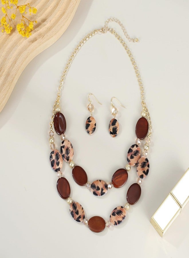 Xalroco 2 Layered Chunky Beaded Shell Necklace for Women Sea Shell Leopard Brown Statement Necklace and Earring Set Elegant Women Jewelry Sets (leopard brown) - Image 4